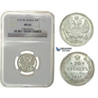 G94, Russia, Nicholas II, 20 Kopeks 1915, Silver, NGC MS66