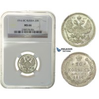 G95, Russia, Nicholas II, 20 Kopeks 1916, Silver, NGC MS66