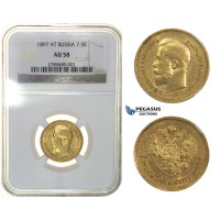 H01, Russia, Nicholas II, 7 1/2 Roubles 1897 (АГ) Gold, NGC AU58