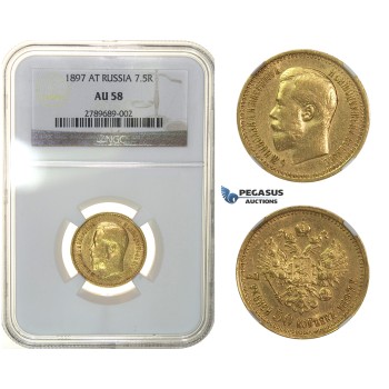 H01, Russia, Nicholas II, 7 1/2 Roubles 1897 (АГ) Gold, NGC AU58