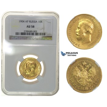 H02, Russia, Nicholas II,10 Roubles 1904 (AP) Gold, NGC AU58