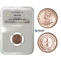 H08, Straits Settlements, George V, 1/4 Cent 1916, NGC MS64RB