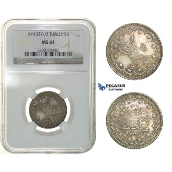 H28, Ottoman Empire, Turkey, Mehmed V, 5 Kurush AH1327/2, Silver, NGC MS64