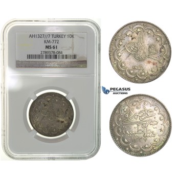 H29, Ottoman Empire, Turkey, Mehmed V, 10 Kurush AH1327/7, Silver, NGC MS61