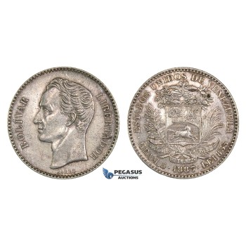 H67, Venezuela, GRAM 5 (Bolivar) 1887, Caracas, Silver, High Grade, Very Rare!