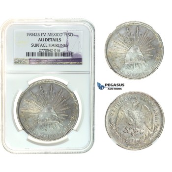I22, Mexico, Peso 1904 Zs FM, Silver, NGC AU Details