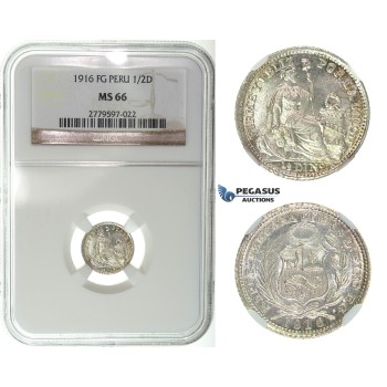 I24, Peru, 1/2 Dinero 1916 FG, Silver, NGC MS66