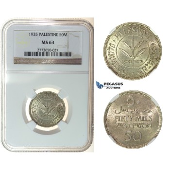 I25, Palestine 50 Mils 1935, Silver, NGC MS63
