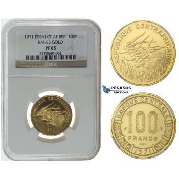 I36, Central African Republic, ESSAI 100 Francs 1971, Paris, Gold, Extremely Rare! NGC PF65