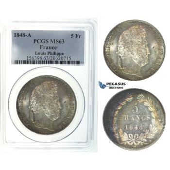 I42, France, Louis Philippe, 5 Francs 1848-A, Paris, Silver, PCGS MS63