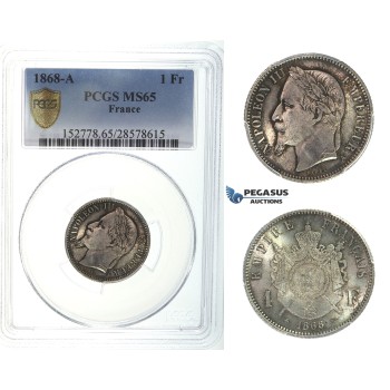 I43, France, Napoleon III, 1 Franc 1868-A, Paris, Silver, PCGS MS65
