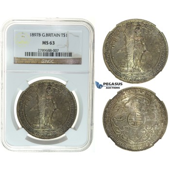 I48, Great Britain, Trade Dollar 1897-B, Bombay, Silver, NGC MS63
