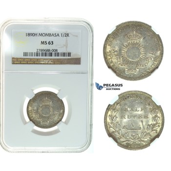 I55, Mombasa, 1/2 Rupee 1890-H, Heaton, Silver, NGC MS63