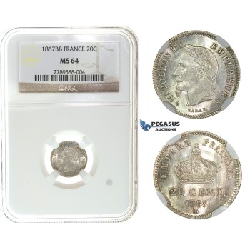 I61, France, Napoleon III, 20 Centimes 1867-BB, Strasbourg, Silver, NGC MS64