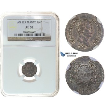 I62, France, Napoleon (Empereur) Quart de Franc AN12-K, Bordeaux, Silver, NGC AU58