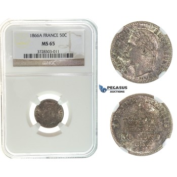 I63, France, Napoleon III, 50 Centimes 1866-A, Paris, Silver, NGC MS65