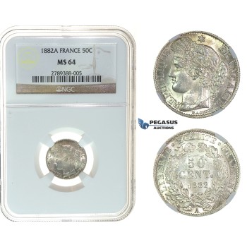 I64, France, 3rd Republic, 50 Centimes 1882-A, Paris, Silver, NGC MS64