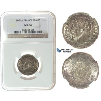I65, France, Napoleon III, Franc 1866-A, Paris, Silver, NGC MS64