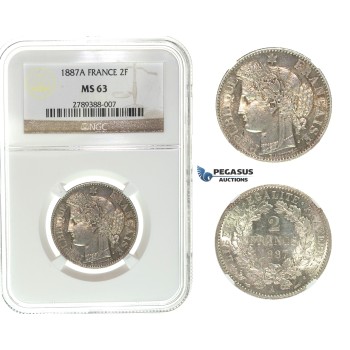 I66, France, 3rd Republic, 2 Francs 1887-A, Paris, Silver, NGC MS63