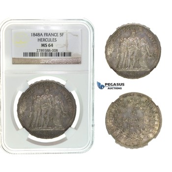 I67, France, 2nd Republic, 5 Francs 1848-A, Paris, Silver, NGC MS64