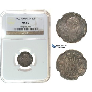 I69, Romania, Carol I, 50 Bani 1900, Hamburg, Silver, NGC MS65, Dark Toning!