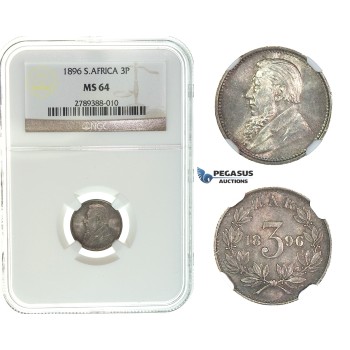 I70, South Africa (ZAR) Threepence (3 Pence) 1896, Silver, NGC MS64, Rare Grade!