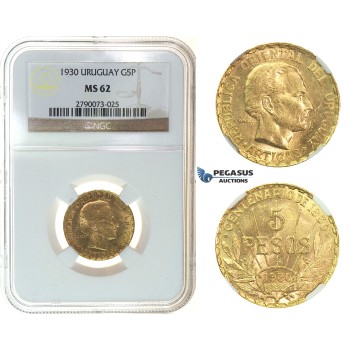 I74, Uruguay, 5 Pesos 1930, Gold, NGC MS62