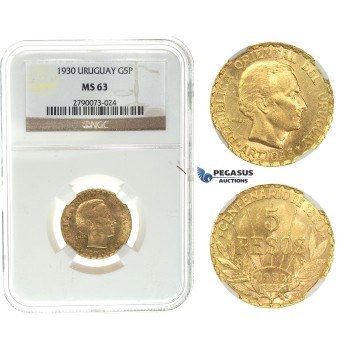 I75, Uruguay, 5 Pesos 1930, Gold, NGC MS63