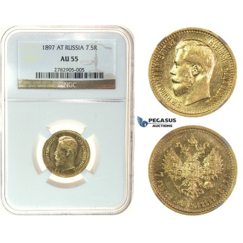 I84, Russia, Nicholas II, 7 1/2 Roubles 1897 (АГ) Gold, Bitkin 2, NGC AU55