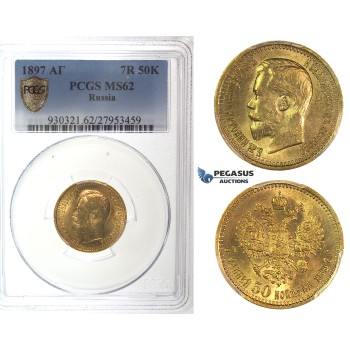 I85, Russia, Nicholas II, 7 1/2 Roubles 1897 (АГ) Gold, Bitkin 2, PCGS MS62