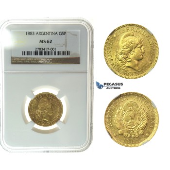 I87, Argentina, 5 Pesos 1883, Gold, NGC MS62