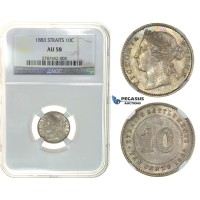 I91, Straits Settlements, Victoria, 10 Cents 1883, Silver, NGC AU58 (Pop 1/4, no better!) Rare!
