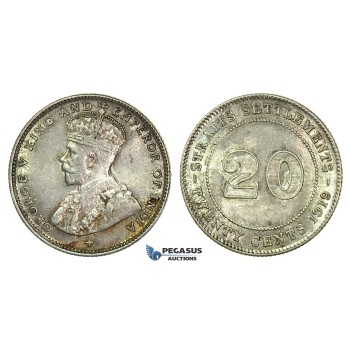 I92, Straits Settlements, George V, 20 Cents 1919-B, Bombay, Silver, Toned UNC, mint Error!