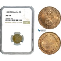 A8/070, Bulgaria, Ferdinand I, 5 Stotinki 1888, Brussels Mint, Cu-Ni, KM-9, Lovely lustrous example, NGC MS63