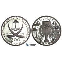 J02, Ecuatorial Guinea, 200 Pesetas 1970 "Rimet Cup" Silver, 1.29oz. AG, Large Proof Coin!