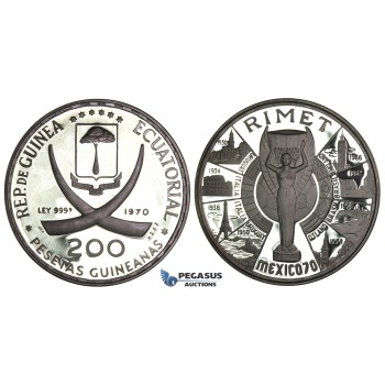 J02, Ecuatorial Guinea, 200 Pesetas 1970 Rimet Cup Silver, 1.29oz. AG, Large Proof Coin!