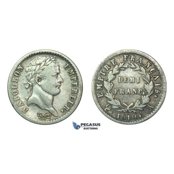 J04, France, Napoleon I, Demi Franc 1810-A, Paris, Silver (TB25)
