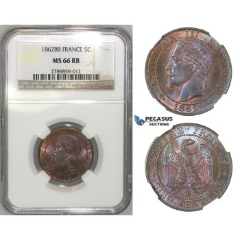 J05, France, Napoleon III, 5 Centimes 1862-BB, Strasbourg, NGC MS66RB (Pop 1/1, best)