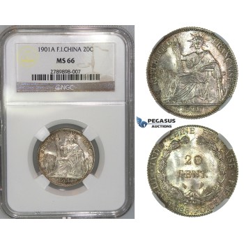 J06, French Indo-China (Vietnam) 20 Centimes 1901-A, Paris, Silver, NGC MS66 (Pop 1/1, Best!)