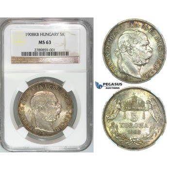 J07, Hungary, Franz Joseph, 5 Korona 1908-KB, Kremnitz, Silver NGC MS63