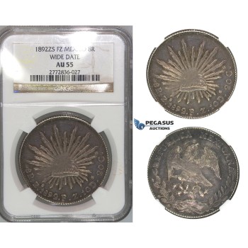 J10, Mexico, 8 Reales 1892-Zs FZ, Zacatecas Wide Date Silver, NGC AU55