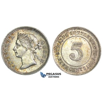 J24, Straits Settlements, Victoria, 5 Cents 1900, Silver, Toned TOP Grade!