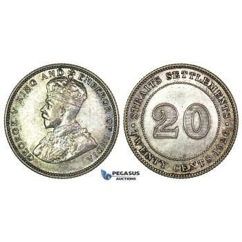 J25, Straits Settlements, George V, 20 Cents 1926, Silver, Toned TOP Grade!