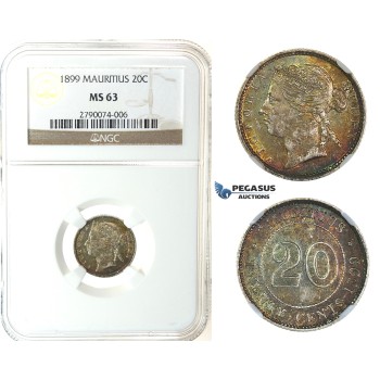 J48, Mauritius, Victoria, 20 Cents 1899, Silver, NGC MS63