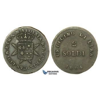 J51, Italy, Florence, Carlo Ludovico and Maria Luisa, 2 Soldi 1804, Nice & Rare!