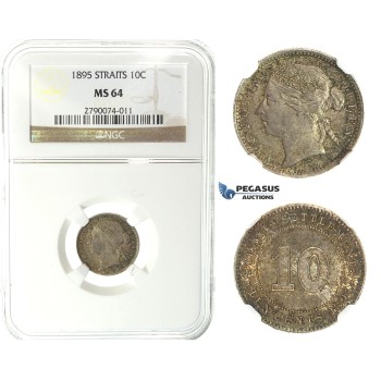J61, Straits Settlements, Victoria, 10 Cents 1895, Silver, NGC MS64, Rare Grade!