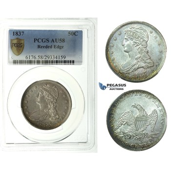 J77, United States, Capped Bust Half Dollar (50 Cents) 1837, PCGS AU58 (Reeded Edge)