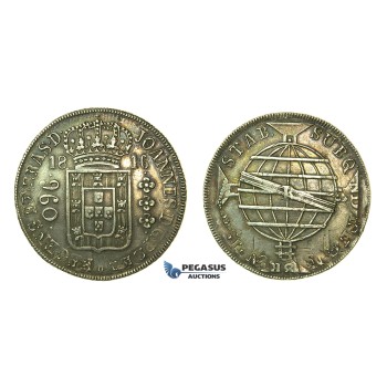 J80, Brazil, Joao VI, 960 Reis 1816-R, Rio de Janeiro, Silver (Overstruck on 8 Reales, Santiago, Chile, FJ) Rare!