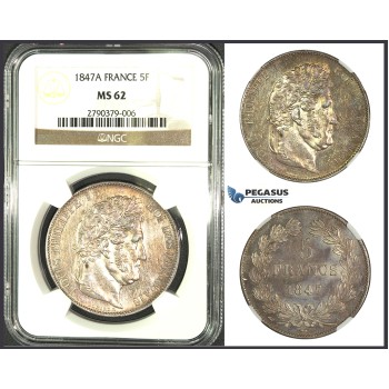 J86, France, Louis Philippe, 5 Francs 1847-A, Paris, Silver, NGC MS62