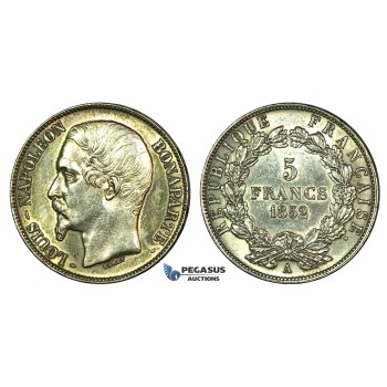 J87, Frace, Louis-Napoleon, 5 Francs 1852-A, Paris, Silver, High Grade (Cleaned)